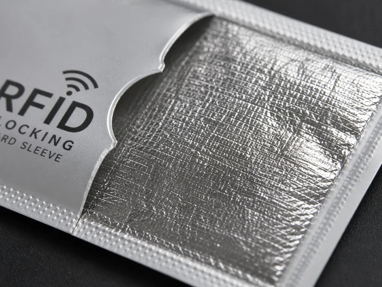 Macro shot of a silver aluminum foil RFID blocking card sleeve showing the metallic shielding layer texture