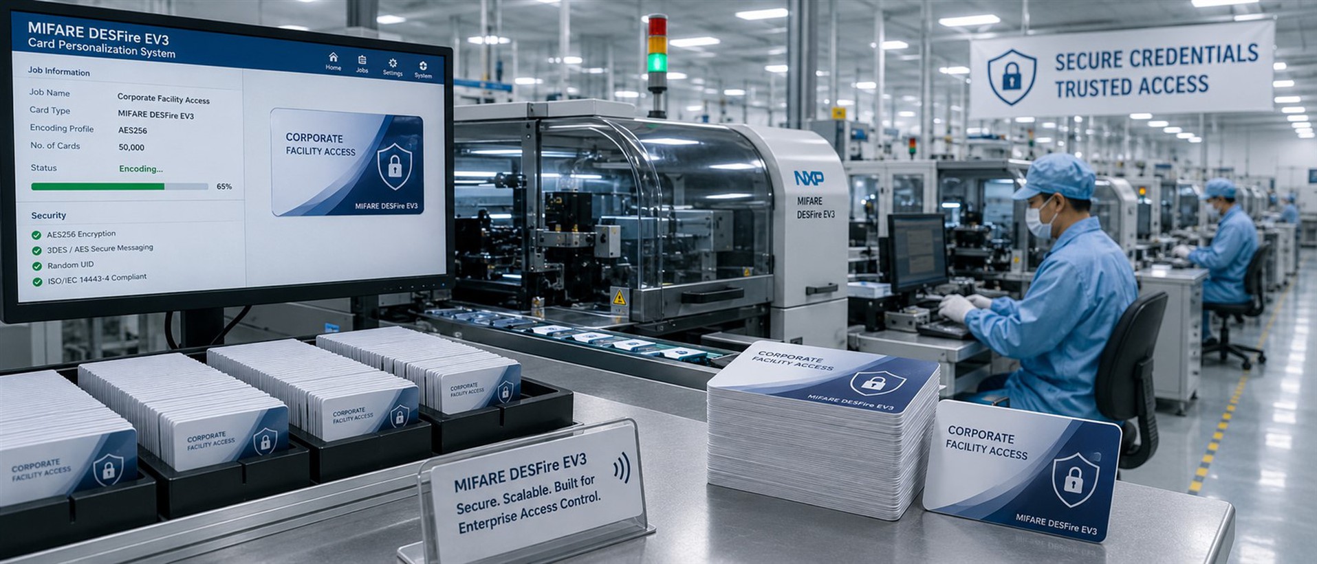 Large scale industrial manufacturing of secure RFID credentials including custom printed Mifare DESFire EV3 cards for corporate facility access Large scale industrial manufacturing of secure RFID credentials including custom printed Mifare DESFire EV3 cards for corporate facility access